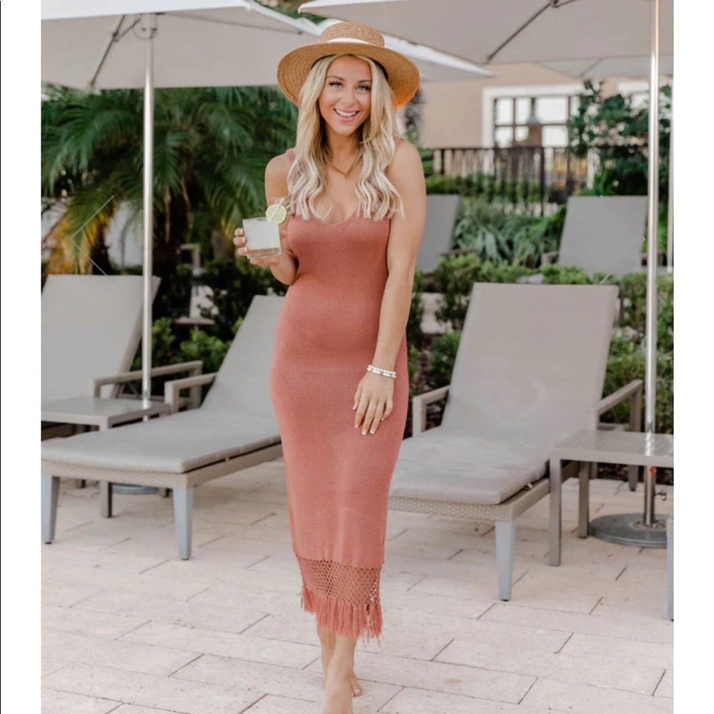 Pink Lily FRINGE HEM KNIT MIDI COVER-UP DRESS